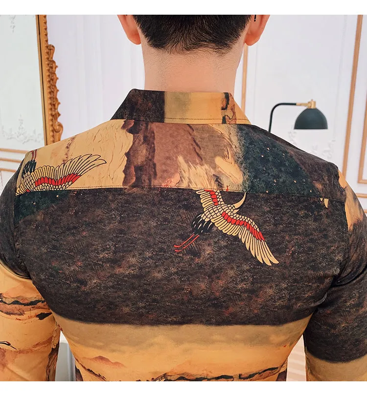 Men's Long Sleeved Slim Fit Shirt With Bird Print