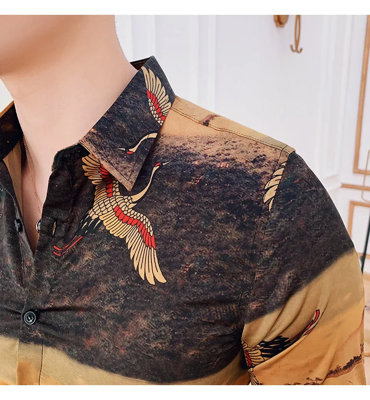 Men's Long Sleeved Slim Fit Shirt With Bird Print