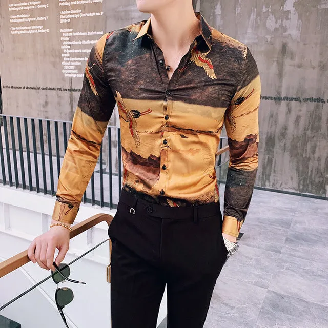 Men's Long Sleeved Slim Fit Shirt With Bird Print