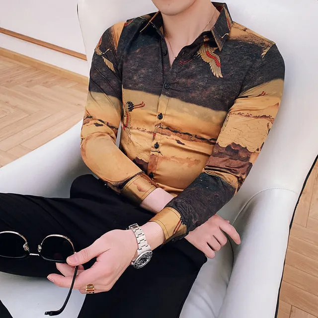 Men's Long Sleeved Slim Fit Shirt With Bird Print