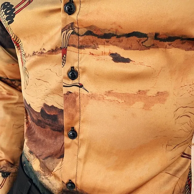 Men's Long Sleeved Slim Fit Shirt With Bird Print
