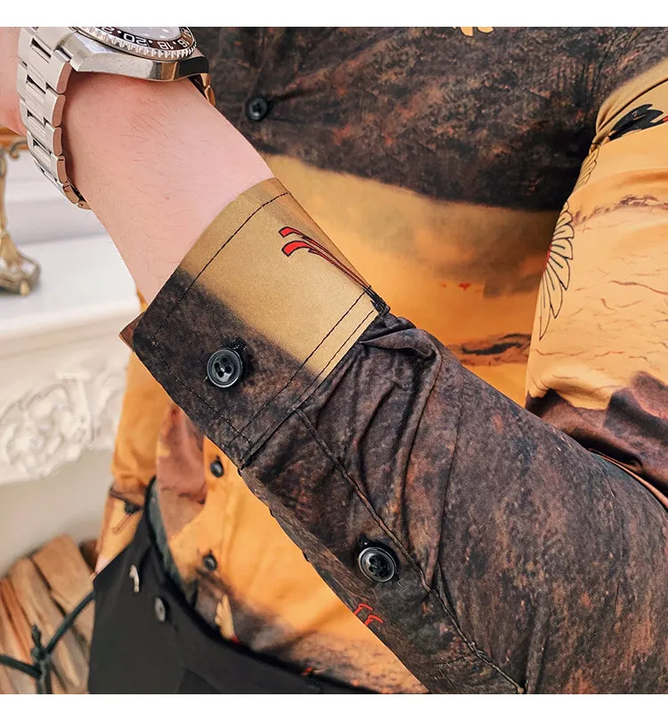 Men's Long Sleeved Slim Fit Shirt With Bird Print