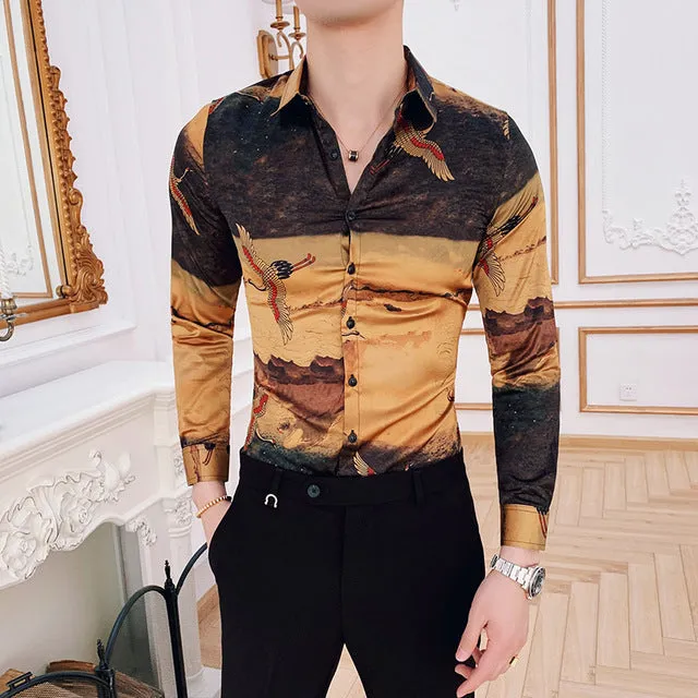 Men's Long Sleeved Slim Fit Shirt With Bird Print