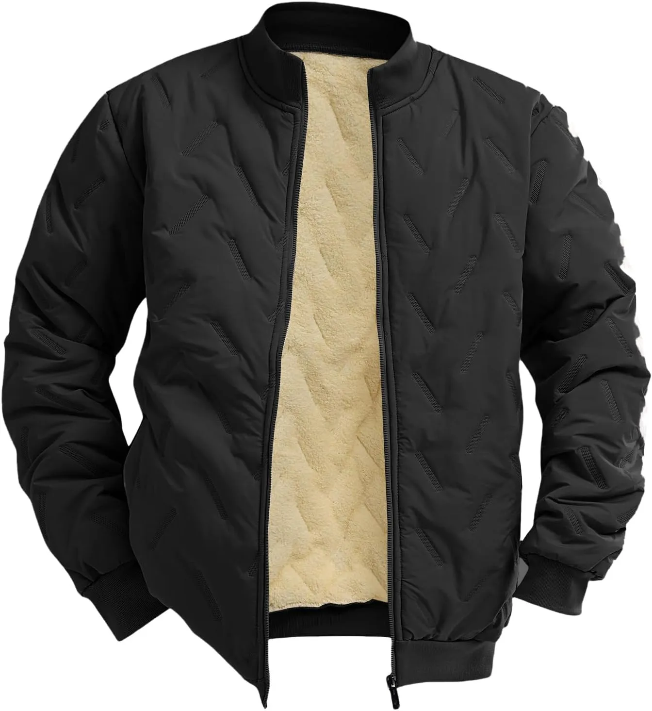 Mens Puffer Jacket Winter Down Coat Quilted Bomber Jackets Sherpa Lined Jacket Long Sleeve Thick Plush Padded Outwear