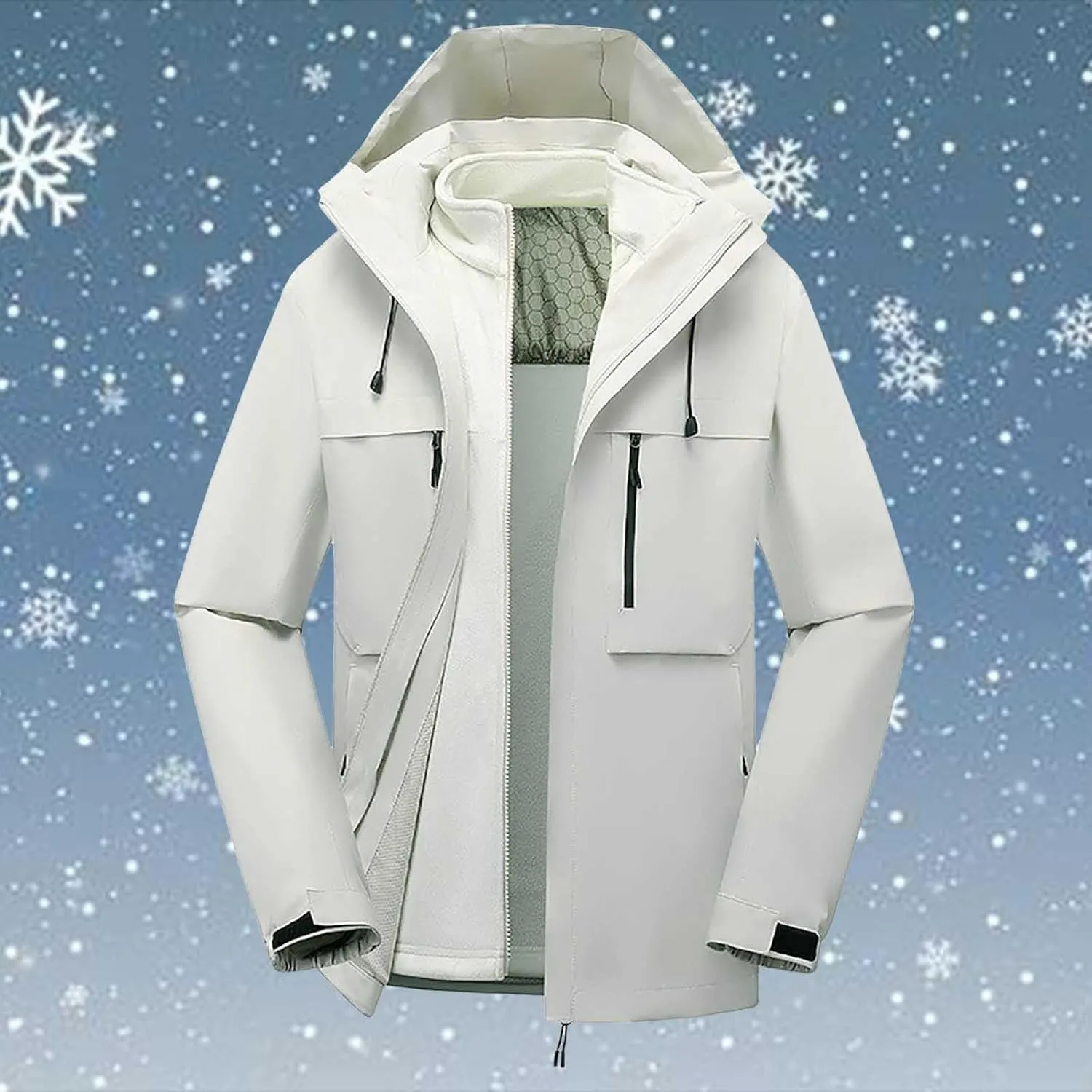Mens Raincoats Waterproof with Hood,Autumn and Winter Thickened Waterproof Hoodie 3 In 1 Ski Jacket Sweatshirt