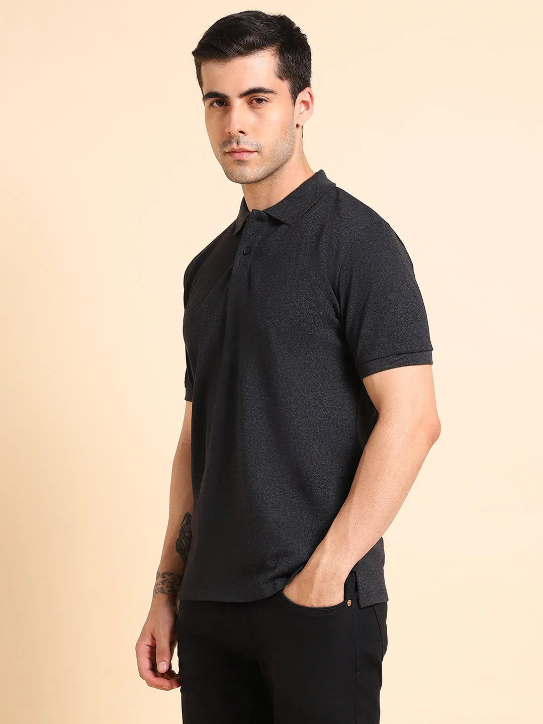 Men's Solid Grey Polo Collar T-shirt