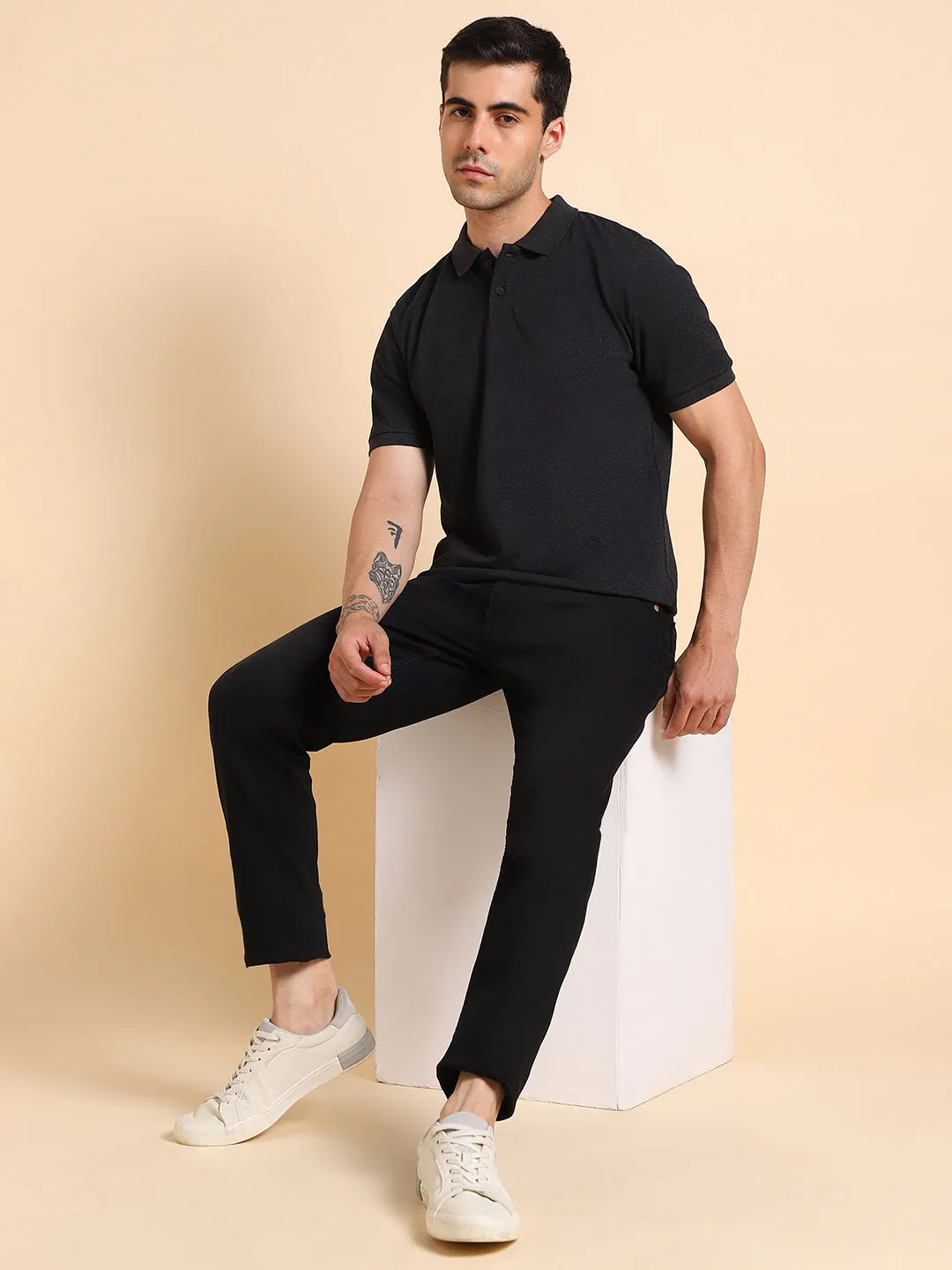 Men's Solid Grey Polo Collar T-shirt