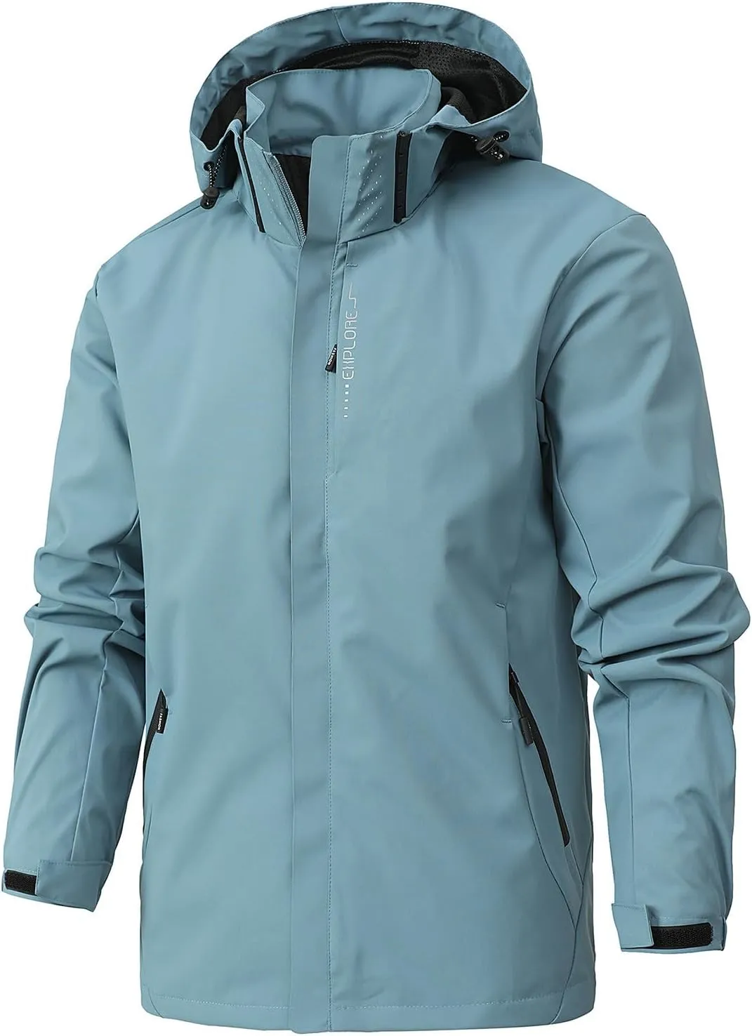 Men's Solid Waterproof Drawstring Windproof Trendy Zipper With Pocket Hooded Jacket 2024 Long Sleeve Shell Jacket