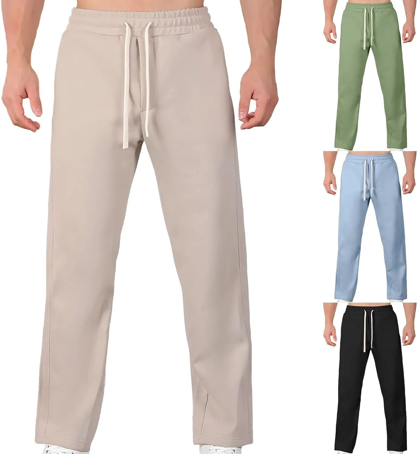 Mens Spring and Fall Warm Pants Fashion Solid Color Drawstring Straight Leg Trousers High Waisted Versatile Outdoor Pants