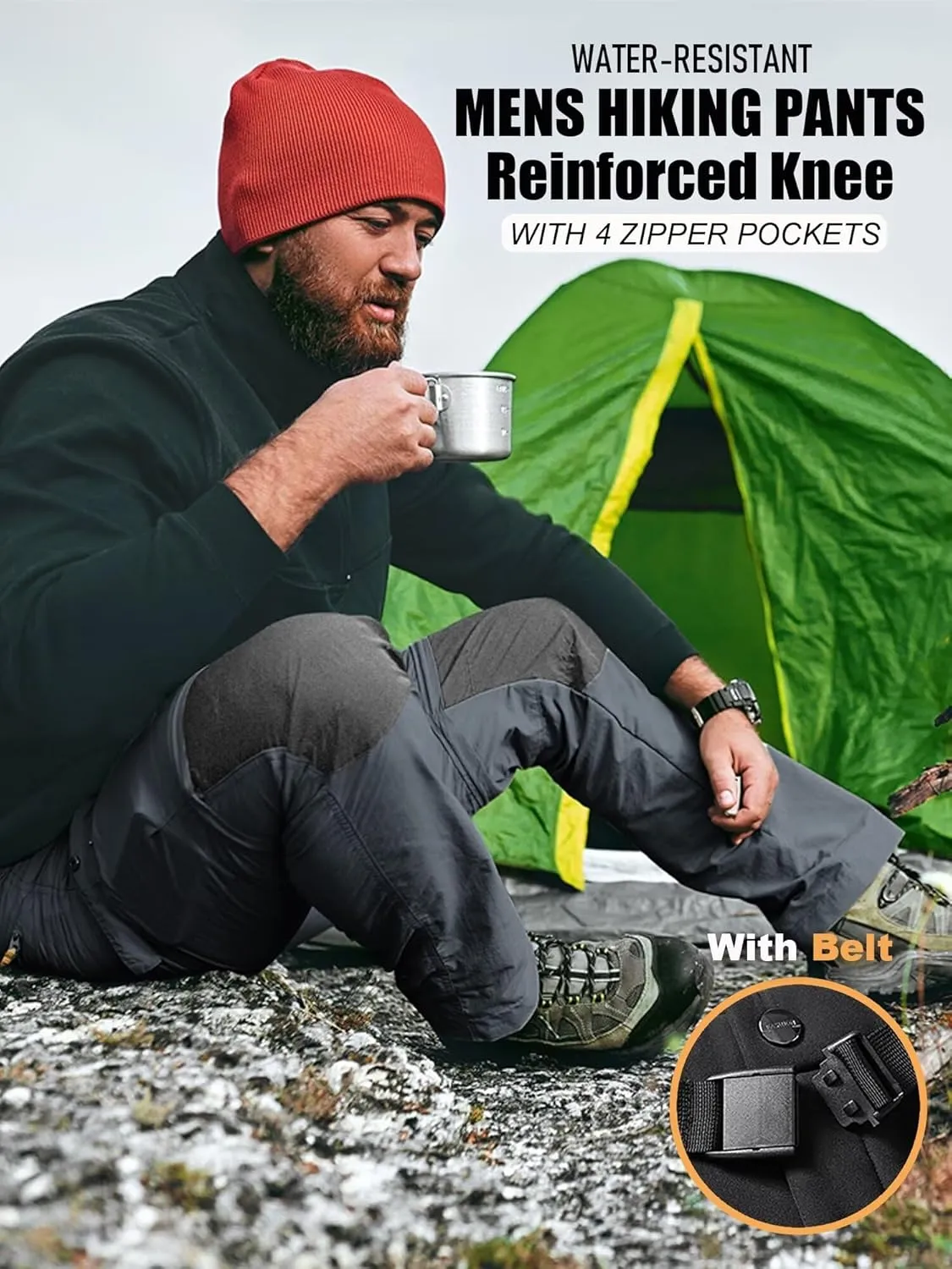 Men's Stretch Waterproof Work Hiking Pants(with Belt),Reinforced Knee,4 Zip Pockets,Outdoor Pants