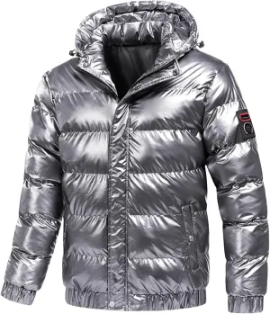 Men's Thermal Shiny Hooded Puffer Jacket Winter Coats Water-Resistant Down Coats Solid Color Padded Puffy Coat