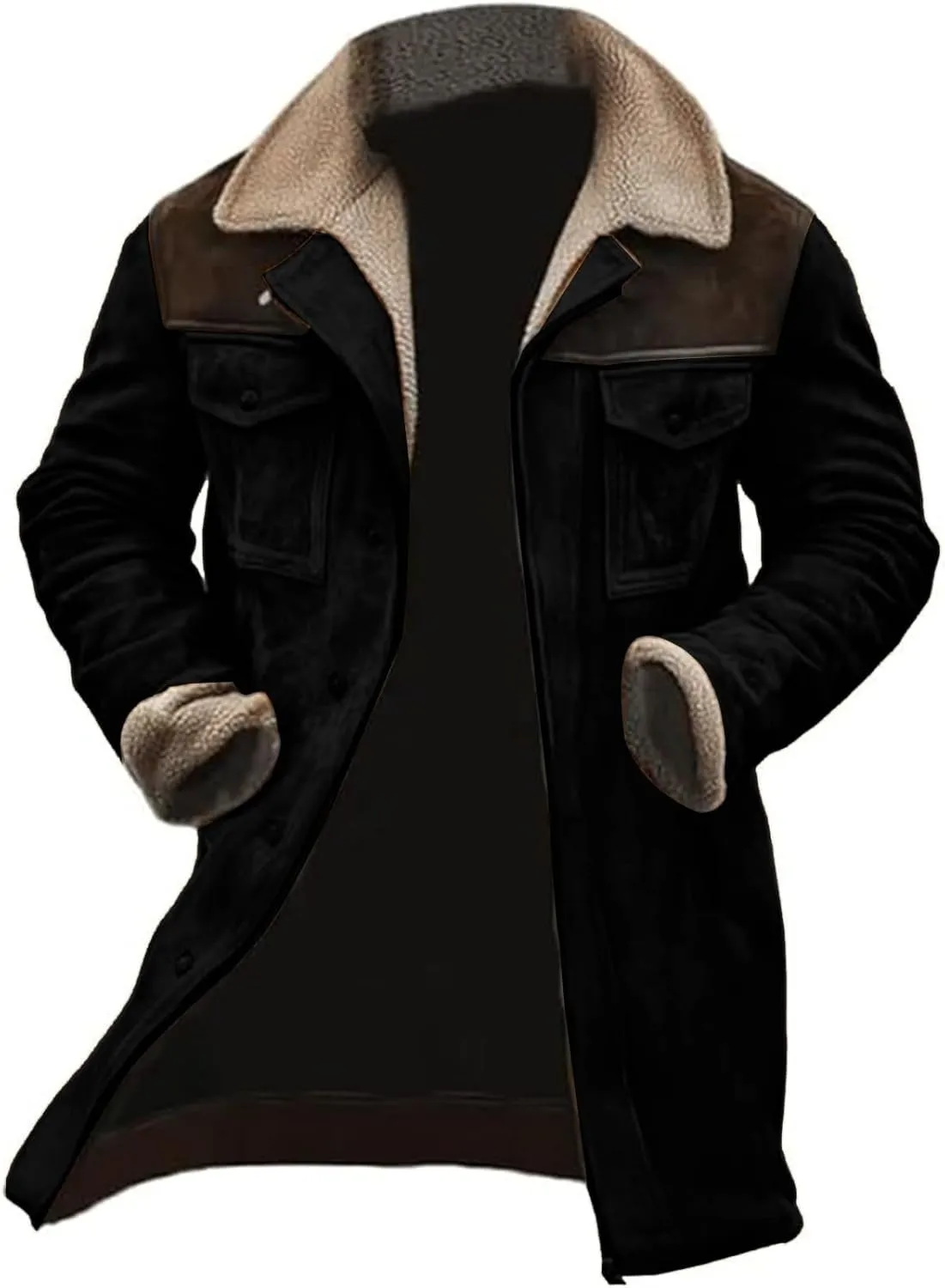 Men'S Vintage Suede Jacket Plush Reversed Collar Faux Jacket Men Zip Up Multi-Pocket Motorcycle Retro Jacket Coats
