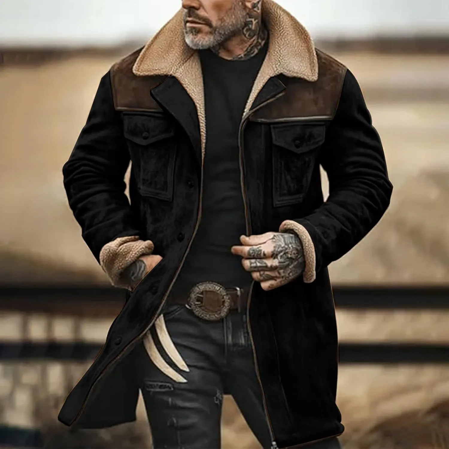 Men'S Vintage Suede Jacket Plush Reversed Collar Faux Jacket Men Zip Up Multi-Pocket Motorcycle Retro Jacket Coats