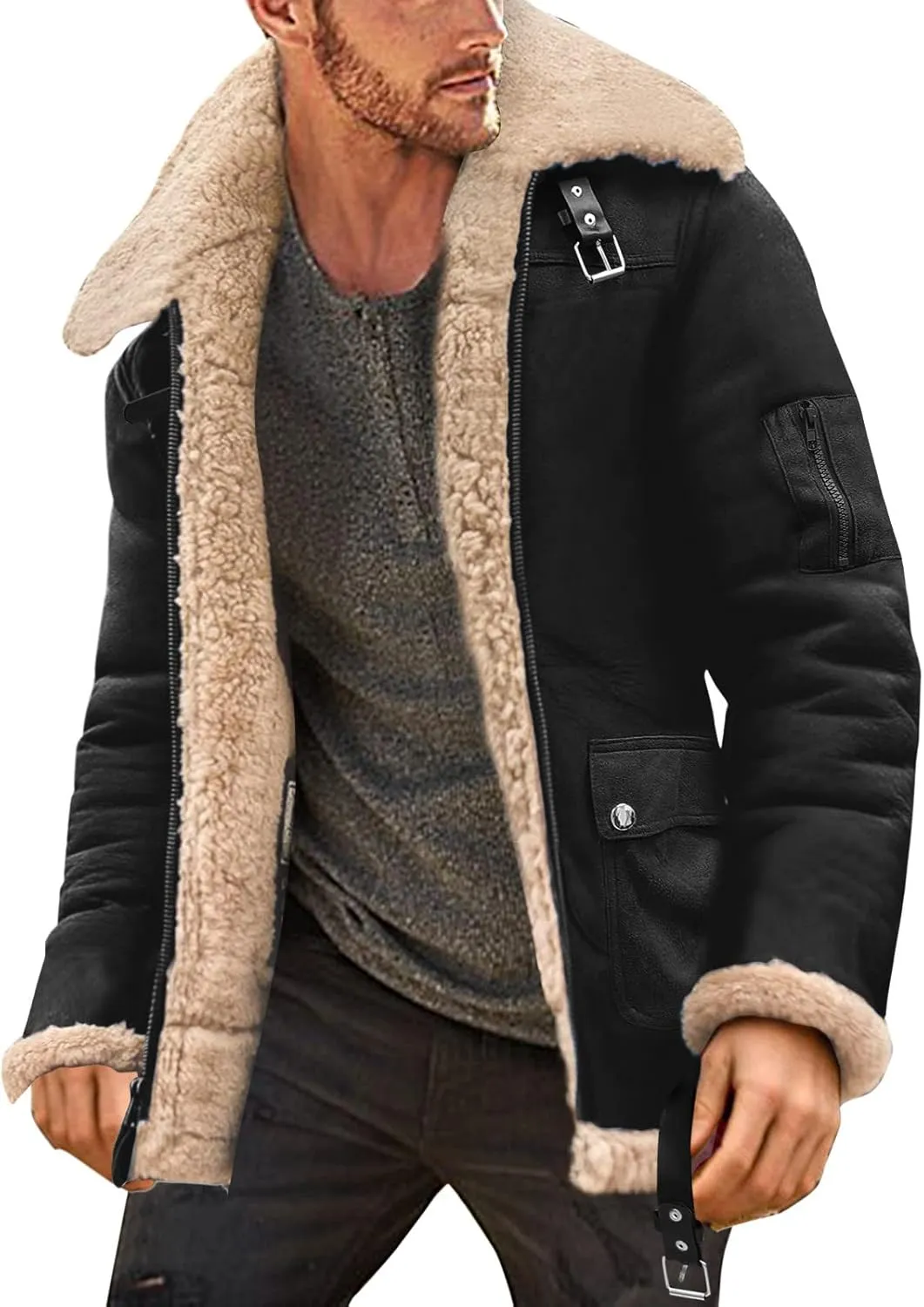 Mens Winter Coat Winter Coat Lapel Collar Long Sleeve Padded Leather Jacket Vintage Thicken Coat Sheepskin Jacket