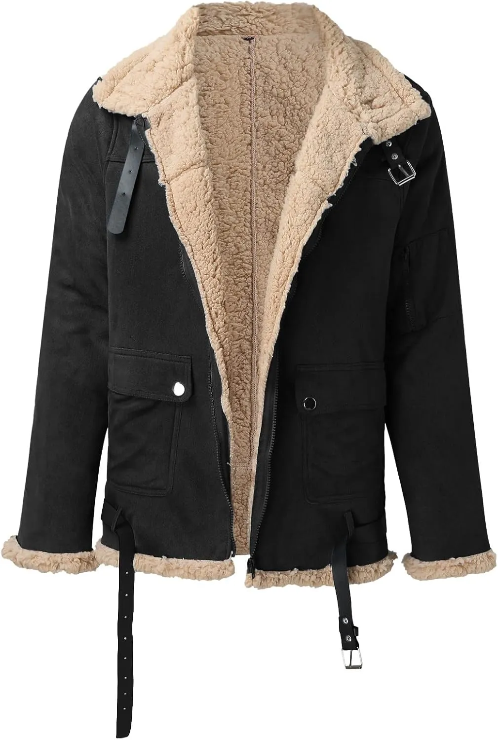 Mens Winter Coat Winter Coat Lapel Collar Long Sleeve Padded Leather Jacket Vintage Thicken Coat Sheepskin Jacket