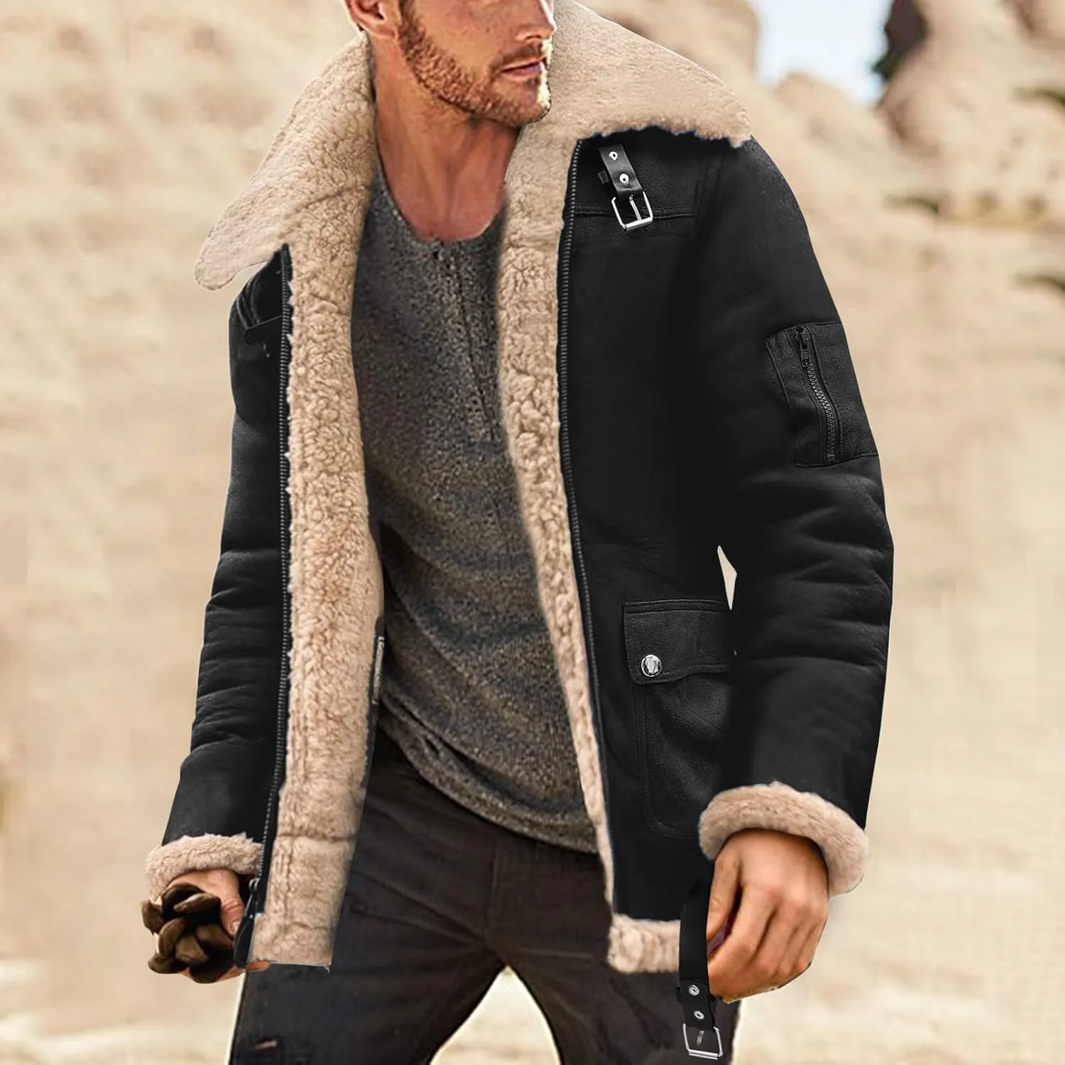 Mens Winter Coat Winter Coat Lapel Collar Long Sleeve Padded Leather Jacket Vintage Thicken Coat Sheepskin Jacket
