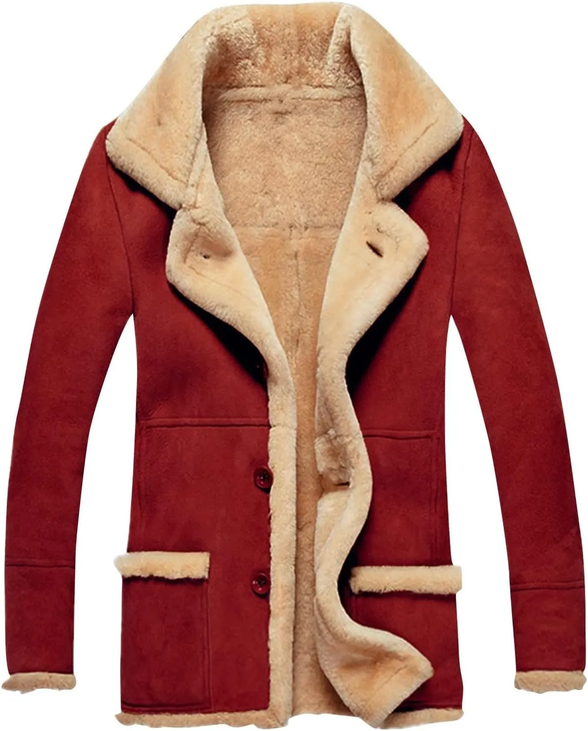 Mens Winter Coats Long Trench Coat, Sherpa Fleece Lined Pea Coat, Heavyweight Faux Suede Fur Jacket with Lapel