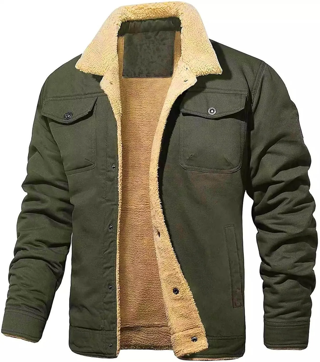 Men's Winter Jacket Casual Sherpa Fleece Lined Cargo Coat Warm Thicken Lapel Collar Trucker Jacket with Multi Pockets