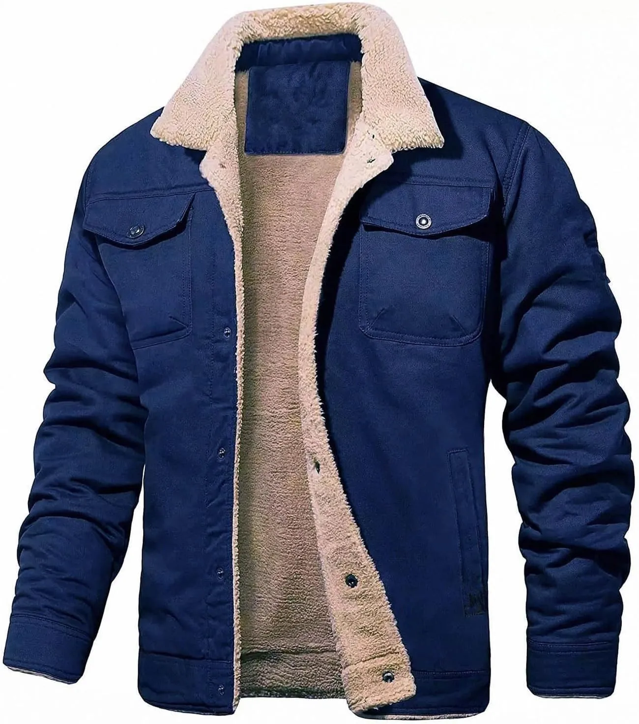 Men's Winter Jacket Casual Sherpa Fleece Lined Cargo Coat Warm Thicken Lapel Collar Trucker Jacket with Multi Pockets
