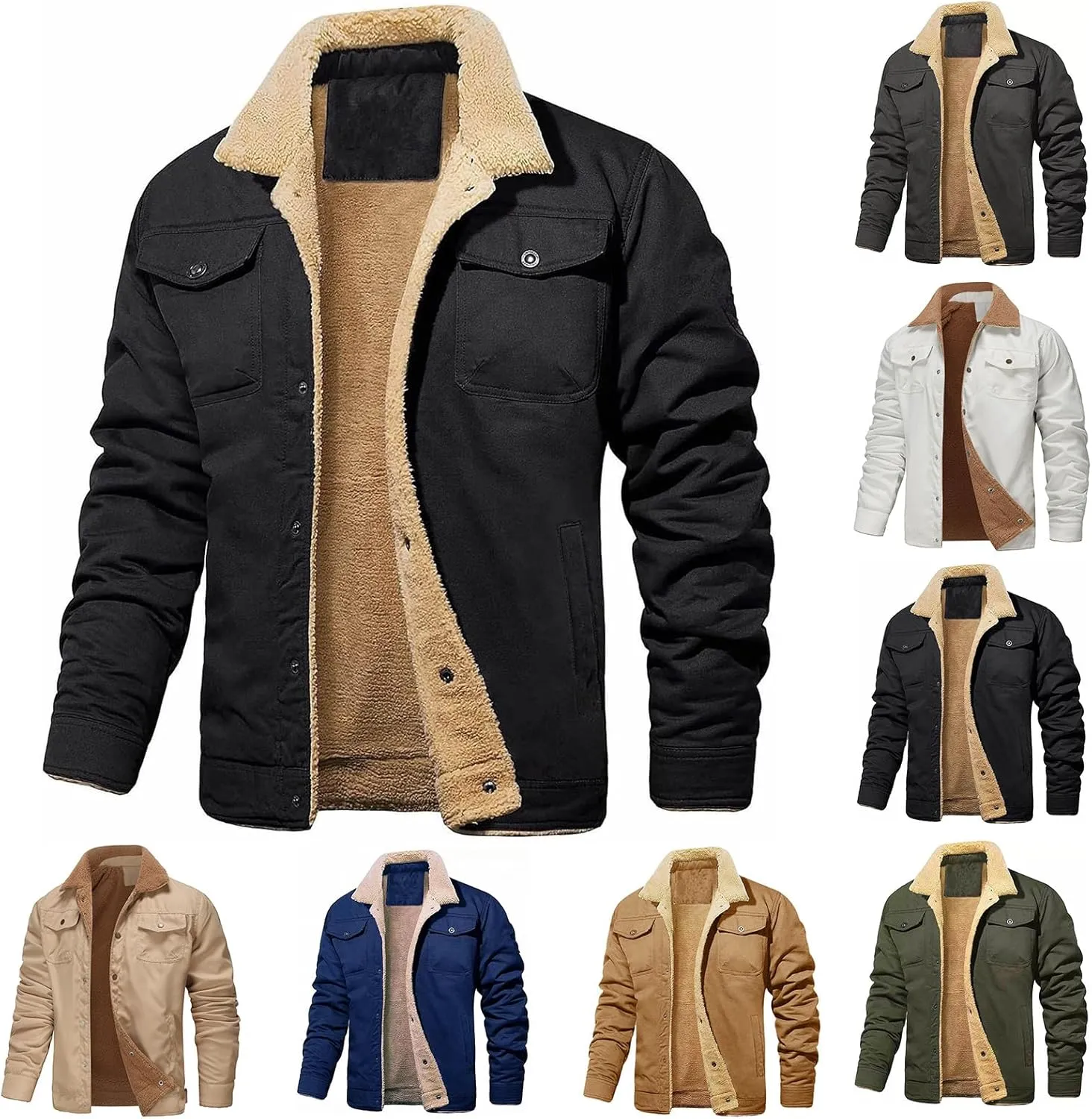 Men's Winter Jacket Casual Sherpa Fleece Lined Cargo Coat Warm Thicken Lapel Collar Trucker Jacket with Multi Pockets