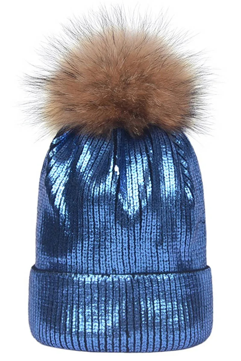 METALLIC SPARKLY FLUFFY POM POM BEANIE GOLD