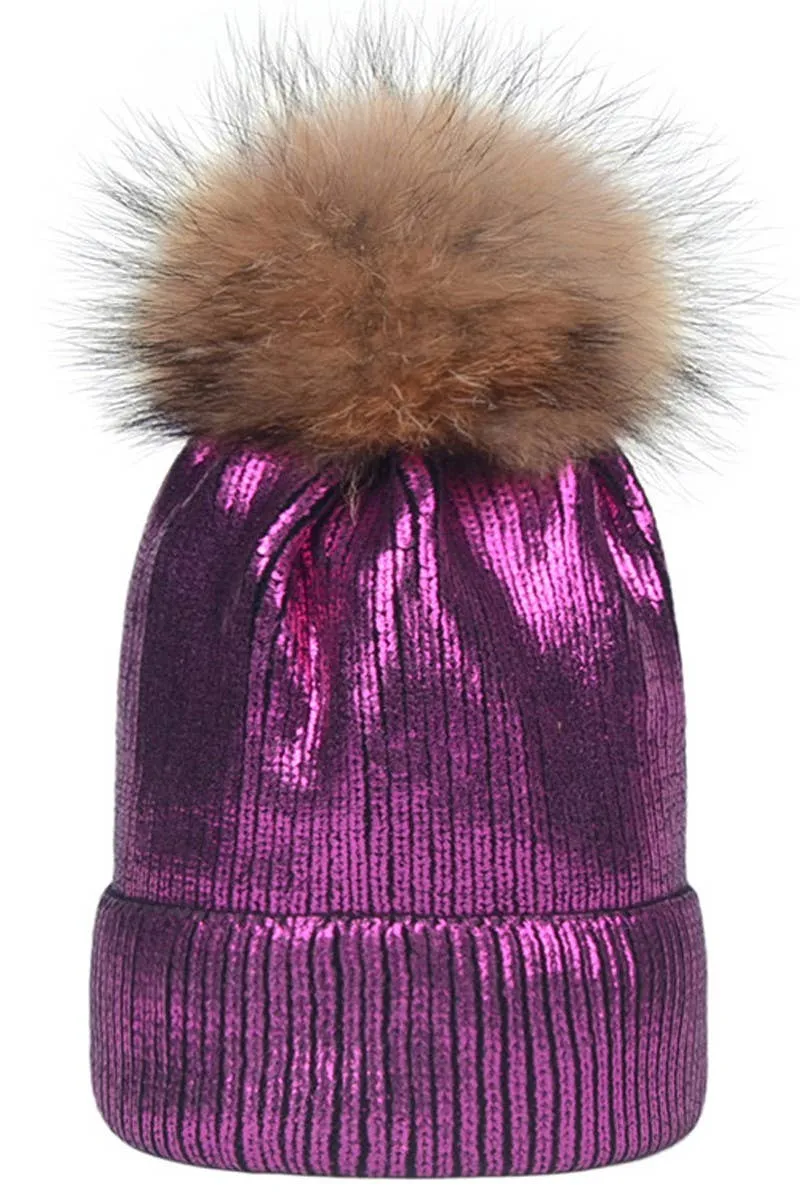 METALLIC SPARKLY FLUFFY POM POM BEANIE GOLD
