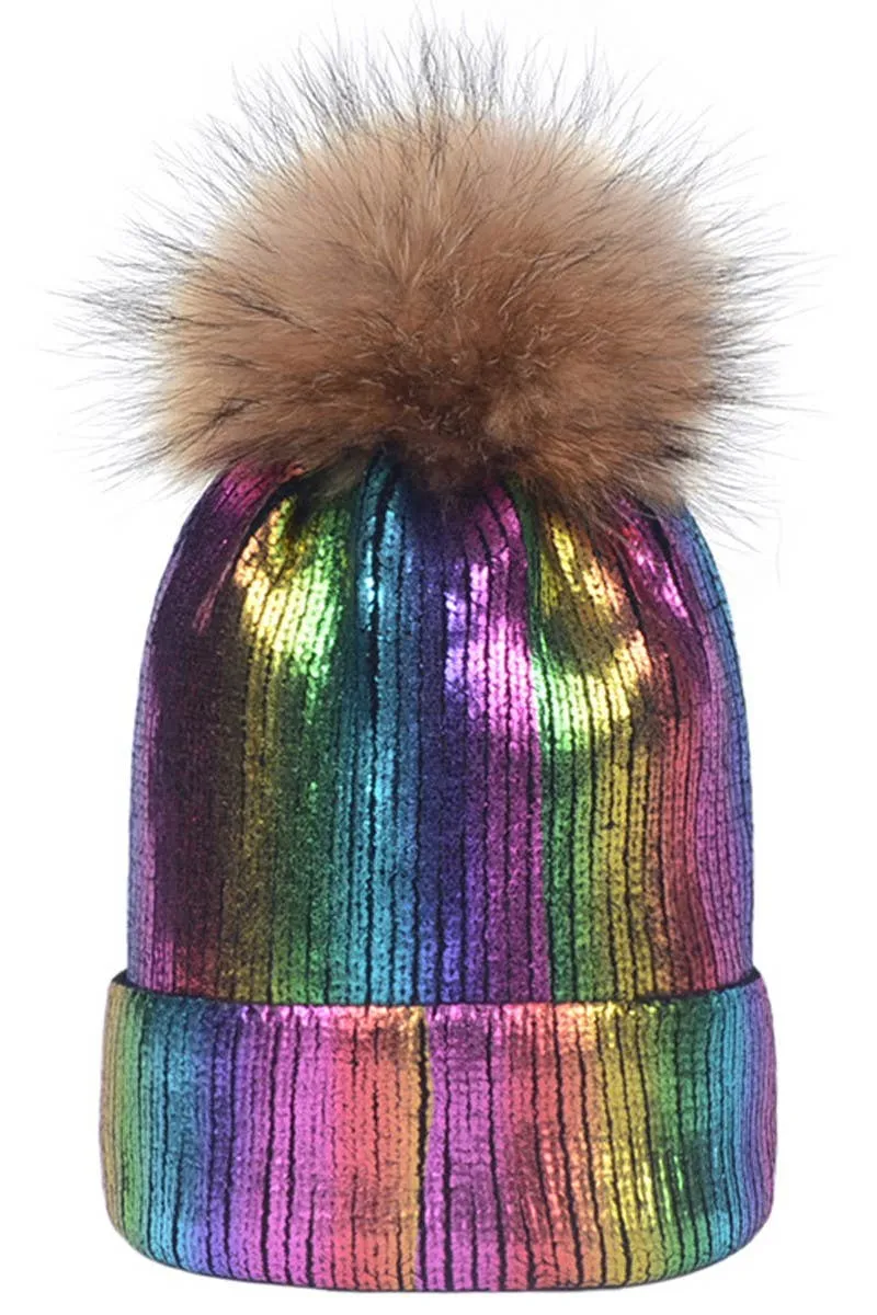 METALLIC SPARKLY FLUFFY POM POM BEANIE GOLD