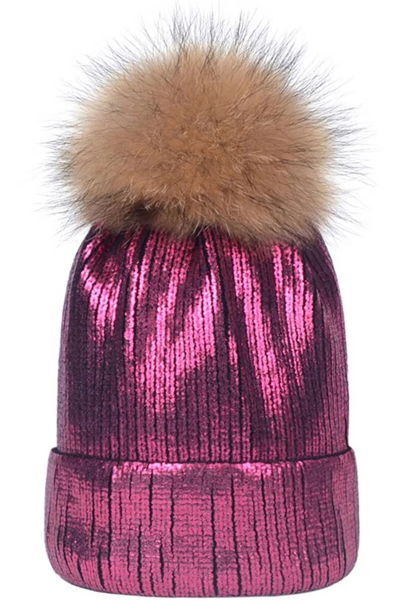 METALLIC SPARKLY FLUFFY POM POM BEANIE GOLD