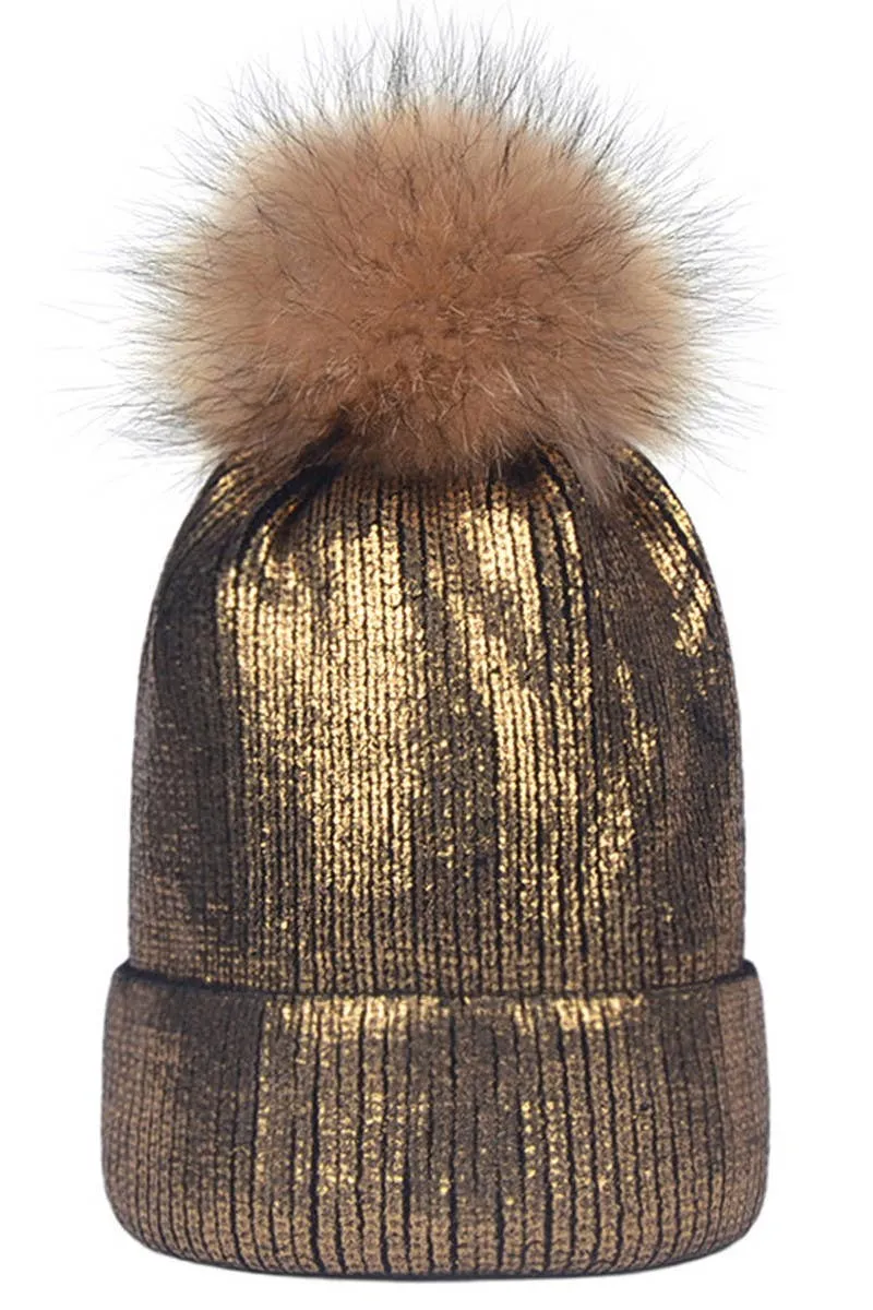 METALLIC SPARKLY FLUFFY POM POM BEANIE GOLD