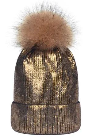 METALLIC SPARKLY FLUFFY POM POM BEANIE GOLD