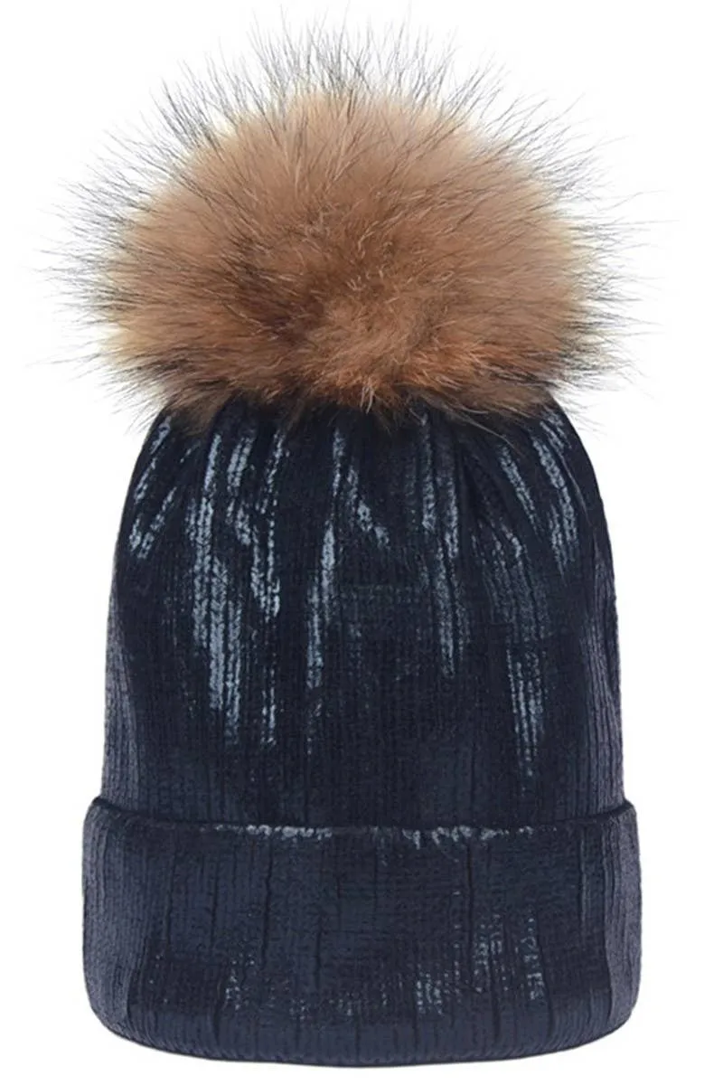 METALLIC SPARKLY FLUFFY POM POM BEANIE GOLD