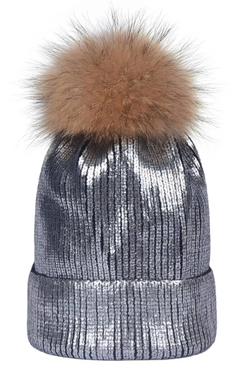 METALLIC SPARKLY FLUFFY POM POM BEANIE GOLD