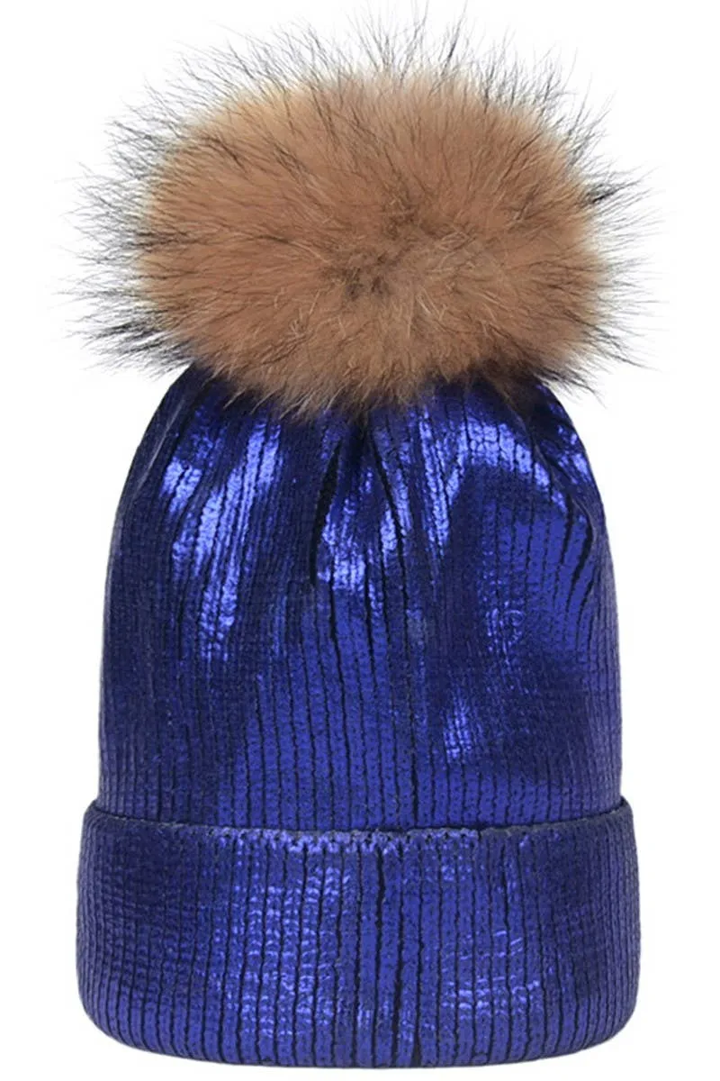 METALLIC SPARKLY FLUFFY POM POM BEANIE GOLD