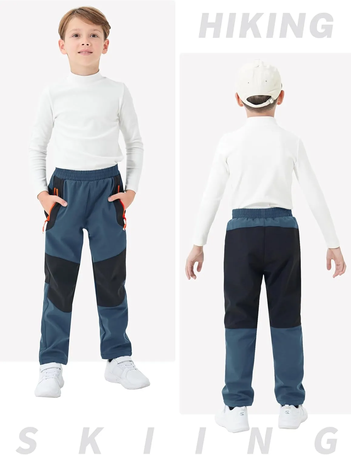 MoFiz Kids Fleece Lined Hiking Snow Ski Pants Boys Waterproof Winter Warm Outdoor Pants with Zippered Pocket