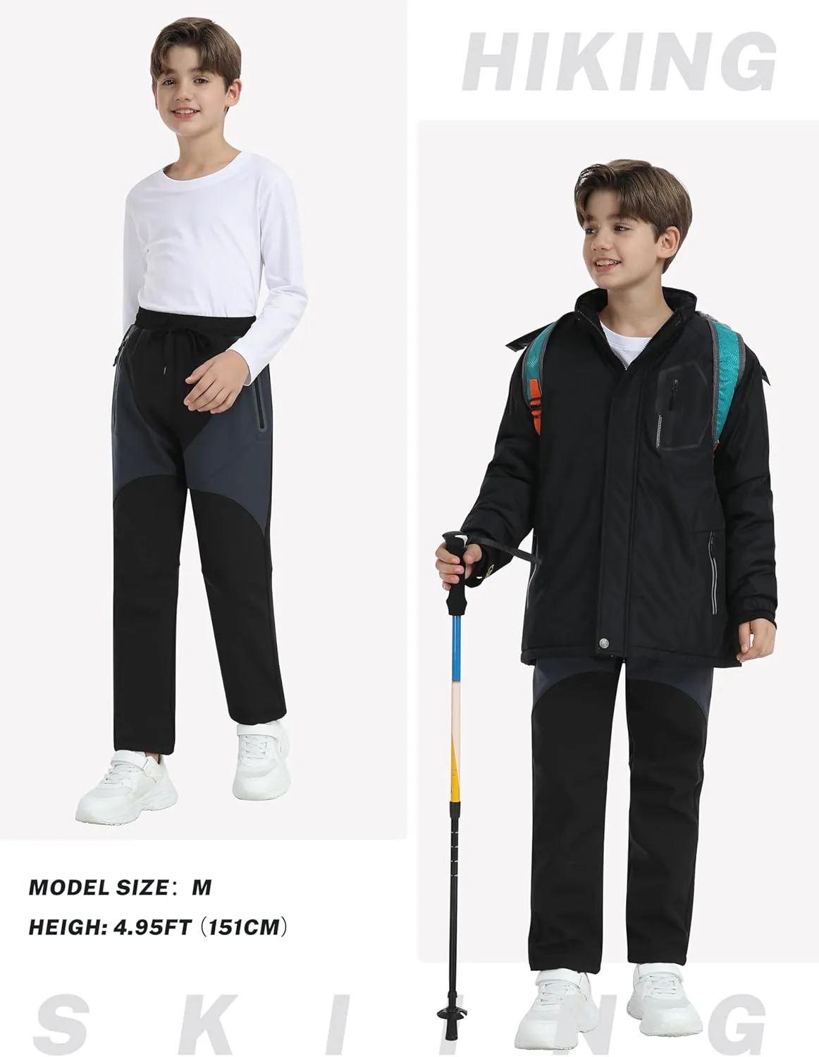 MoFiz Kids Fleece Lined Hiking Snow Ski Pants Boys Waterproof Winter Warm Outdoor Pants with Zippered Pocket
