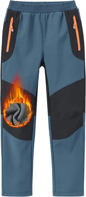 MoFiz Kids Fleece Lined Hiking Snow Ski Pants Boys Waterproof Winter Warm Outdoor Pants with Zippered Pocket