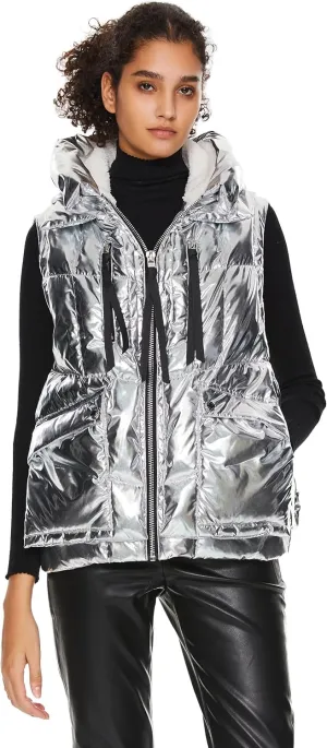 Orolay Women's Metallic Down Vest - Fashion Cropped Sleeveless Puffer Jacket Lightweight Shiny Hooded Gilet with Pockets
