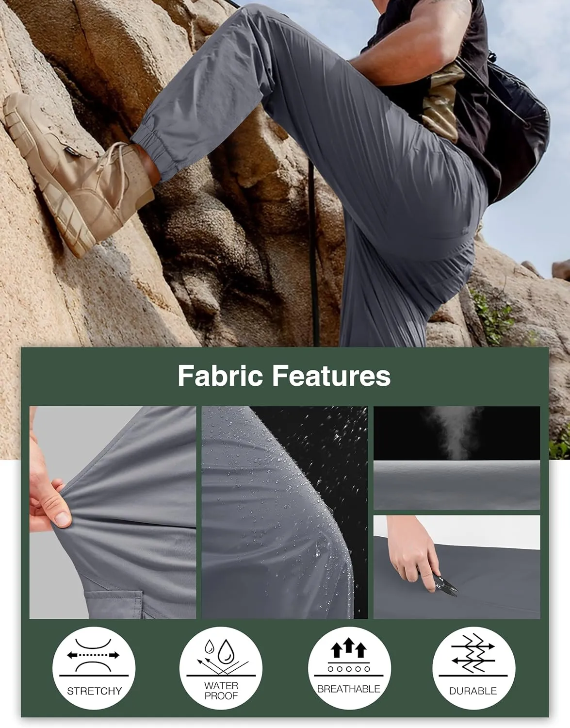 PULI Men's Waterproof Hiking Pants, Slim Fit Cargo Joggers, Stretch Quick Dry Outdoor Pants with Pockets