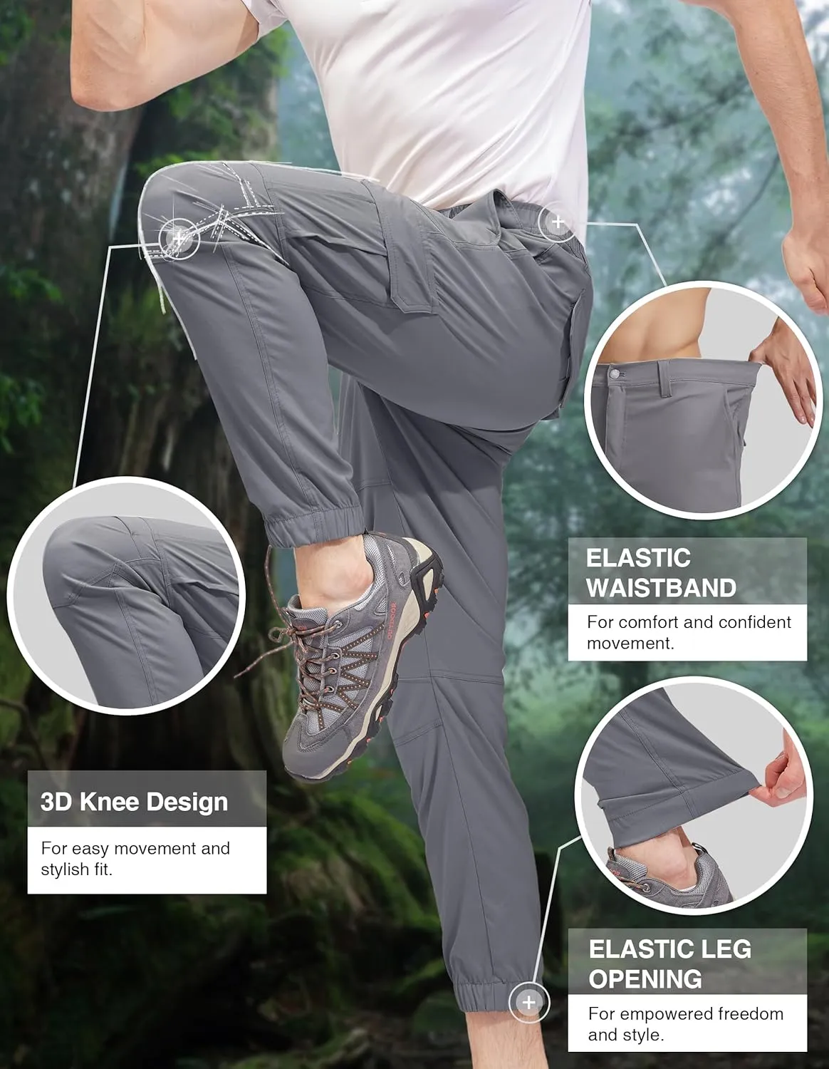 PULI Men's Waterproof Hiking Pants, Slim Fit Cargo Joggers, Stretch Quick Dry Outdoor Pants with Pockets