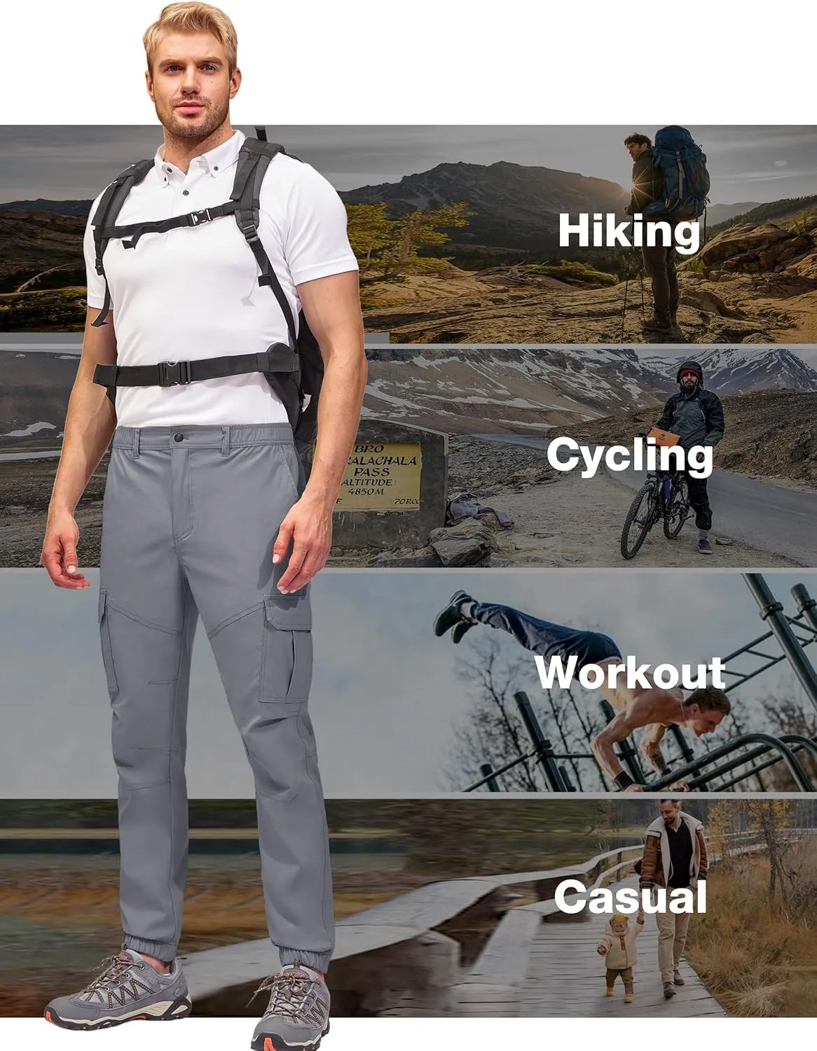 PULI Men's Waterproof Hiking Pants, Slim Fit Cargo Joggers, Stretch Quick Dry Outdoor Pants with Pockets