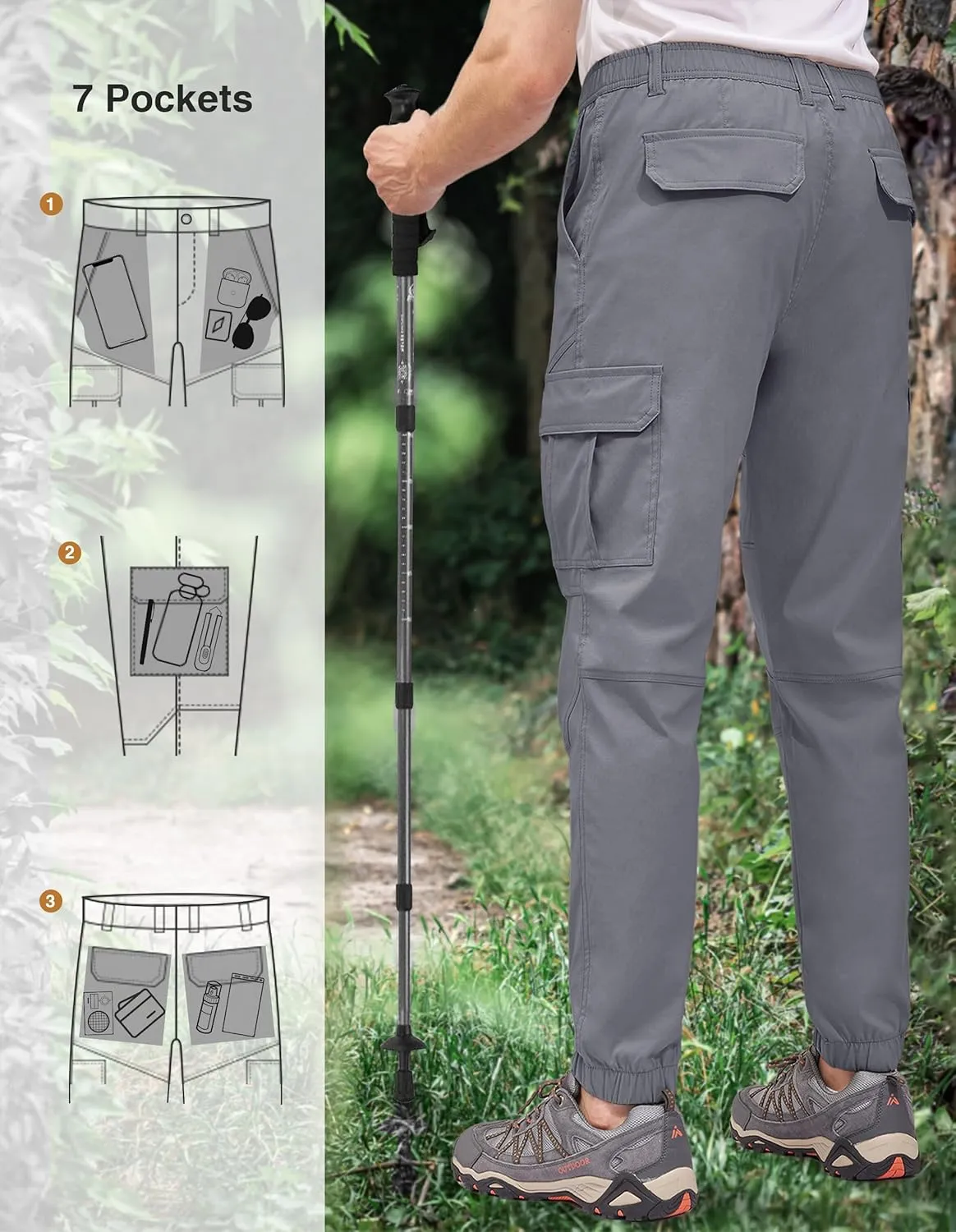 PULI Men's Waterproof Hiking Pants, Slim Fit Cargo Joggers, Stretch Quick Dry Outdoor Pants with Pockets