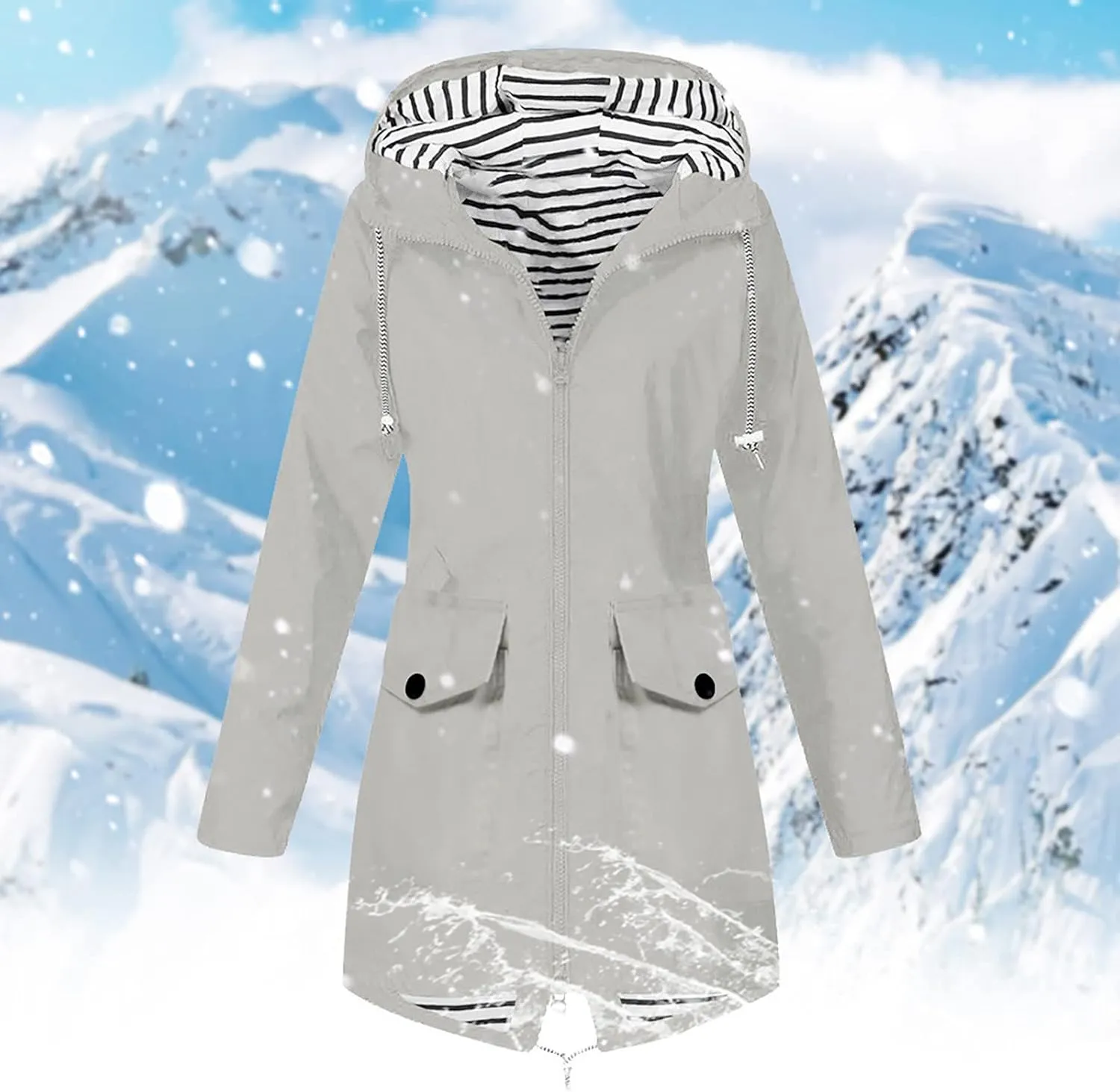 Rain Coat Womens Waterproof With Hood Trendy Zip Mid Length Outdoor Rain Jacket Fall Winter Solid Color Ski Jacket