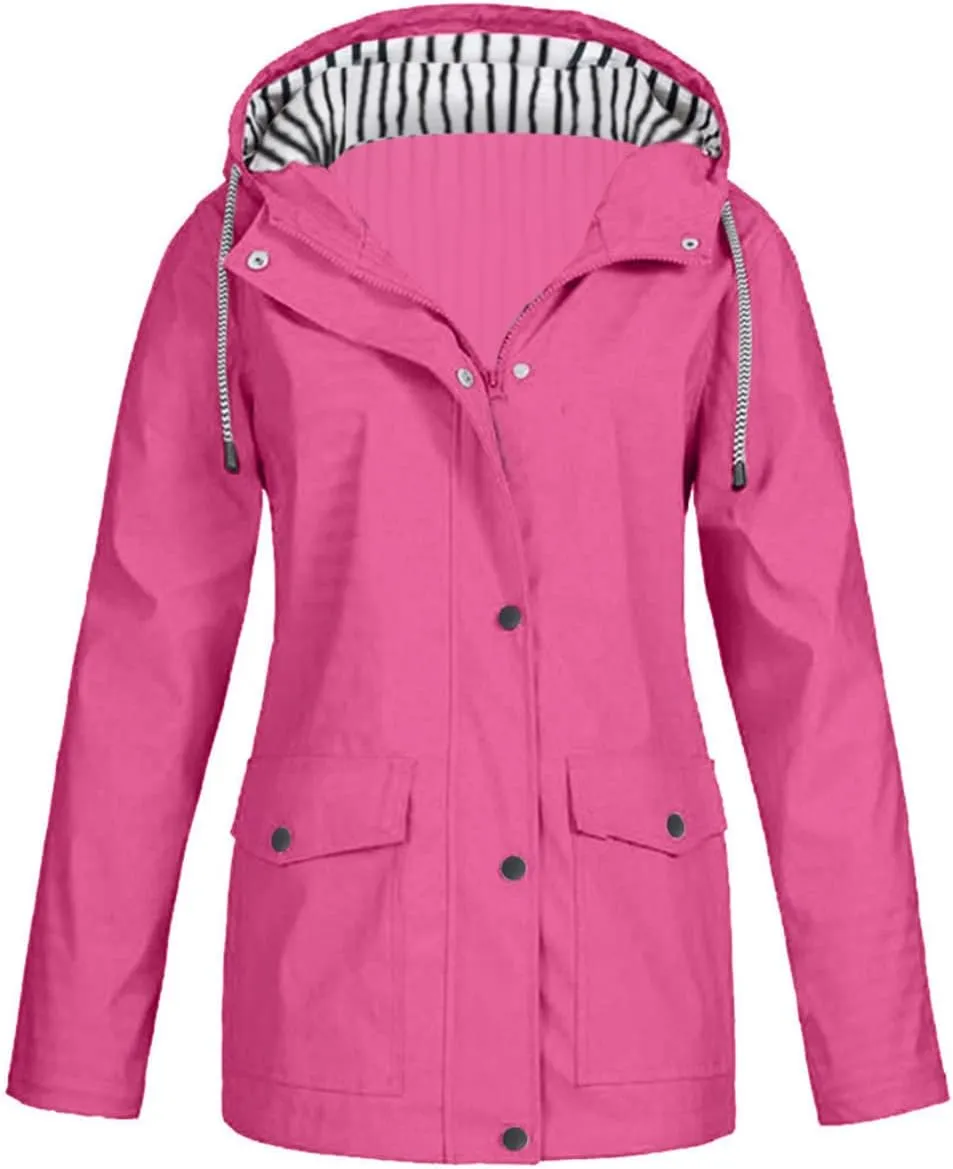 Rain Jacket Women 2024 Outdoor Jackets Waterproof Windproof Hooded Raincoat Lightweight Packable Outwear Overcoat
