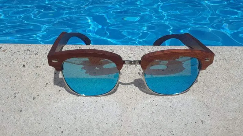 Real Sandalwood Sunglasses, Ice Blue Polarized Lenses