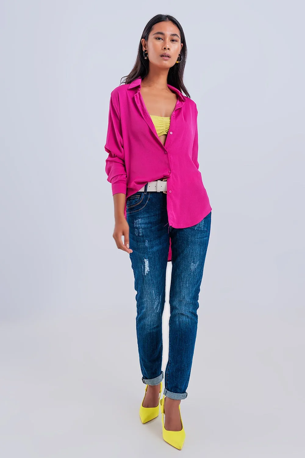 Relaxed satin long sleeve shirt in fuchsia