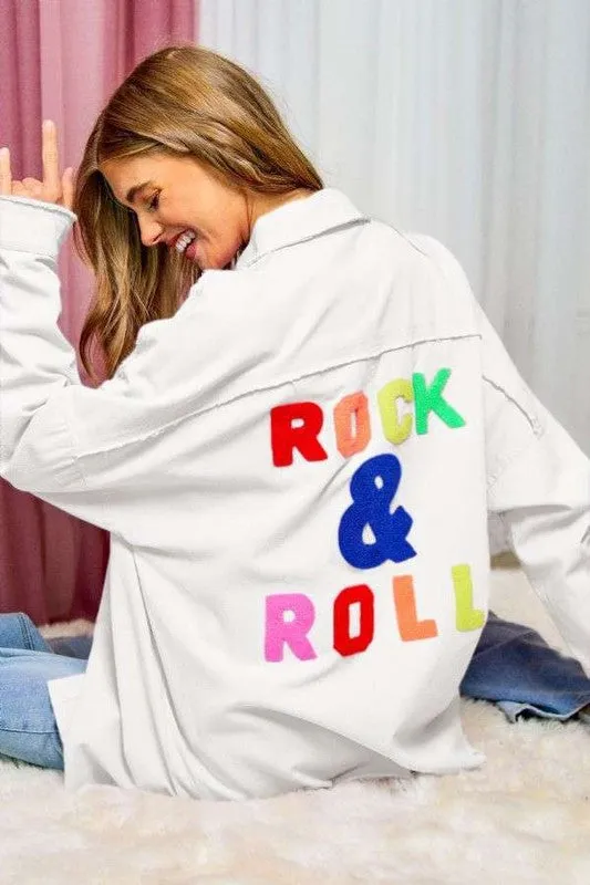 Rock and Roll Denim Shirt Women's 100% Cotton Graphic Multi Color Letters Fringed Hem Detail Shirt