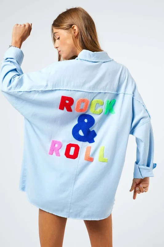 Rock and Roll Denim Shirt Women's 100% Cotton Graphic Multi Color Letters Fringed Hem Detail Shirt