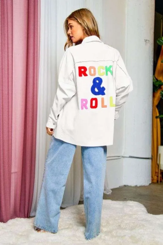 Rock and Roll Denim Shirt Women's 100% Cotton Graphic Multi Color Letters Fringed Hem Detail Shirt