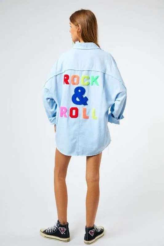 Rock and Roll Denim Shirt Women's 100% Cotton Graphic Multi Color Letters Fringed Hem Detail Shirt