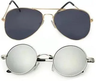 Round, Aviator Sunglasses (For Men & Women, Black, Silver)